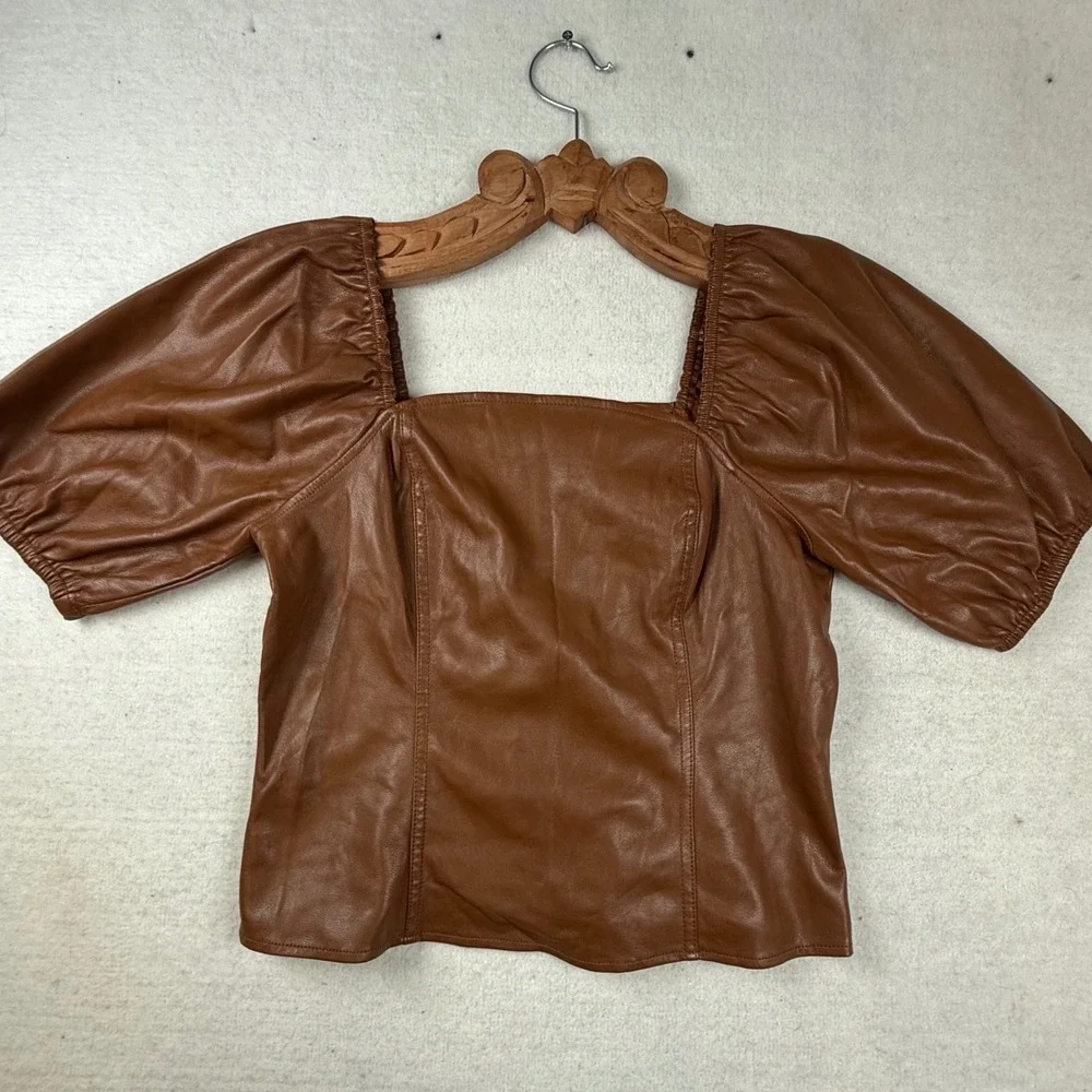 Marc New York Brown Faux Leather Puff Sleeve Top M romantic dark academia chic - Picture 6 of 10